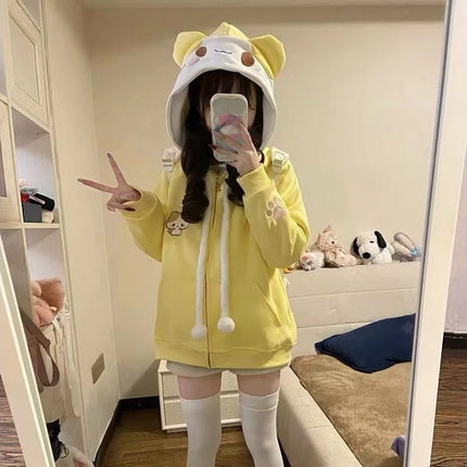 Sweet Kawaii Cartoon Pure Color Loose Zip Up Hoodie Women 2000s Y2k Autumn Winter Japanese Hooded Sweatshirt Lolita Coat Chic
