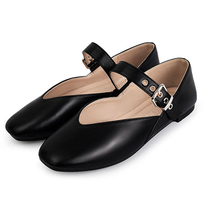 Mary Jane Shoes Female Genuine Leather  V-Cut Snap Ballet Shoes Women Square Toe Flat Cowhide Ladies Shoes
