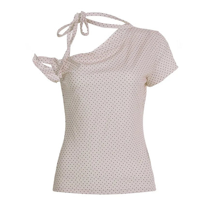 Sweet Polka Dot Prints T-Shirts Fashion Women Cute Design One-Shoulder Summer Tops Casual Korean Office Lady Commute Slim Tees