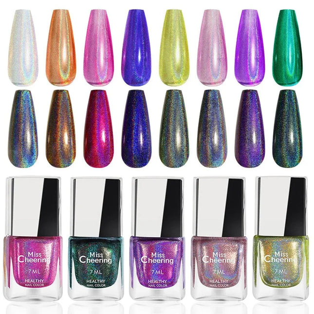 Holographic Nail Polish with Rainbow Glitter - 7ml Laser Chrome Nail Lacquer, Multicolor Shift Effect, 8color DIY Art Nail Salon