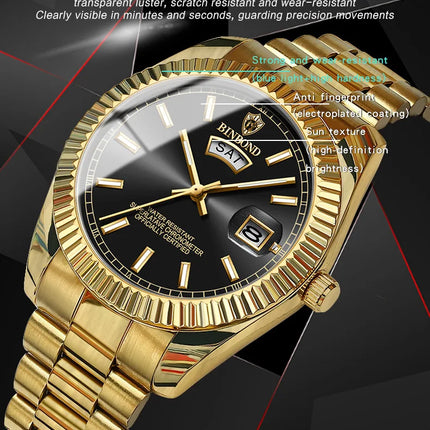 BINBOND B7012 Mens Fashion Business Sports Quartz Watch 30M Waterproof Luminous Classic Calendar Creative Clock Mens Wristwatch