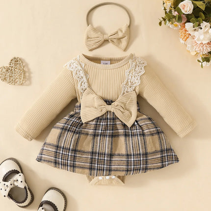 Baby Gilrs Long Sleeve Autumn/Winter Plaid With Bow Honey Jumpsuit For Newborn-18M Vacation Wear +Headband