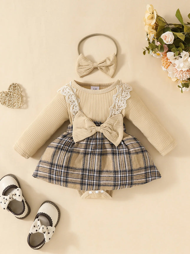 Baby Girls Long Sleeve Autumn/Winter Plaid With Bow Honey Jumpsuit For Newborn-18M Vacation Wear +Headband