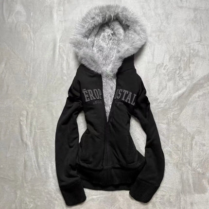 2025 American Retro Black Letter Embroidered Vintage Zipper Hoodie Women Gothic Punk Casual Slim Patchwork Sweatshirt Jackets