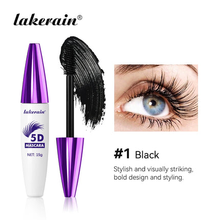 Lakerain 5D Mascara Eyelashes Lengthening Long-Lasting Intense Black Waterproof Nourishing Smudge-Proof Mascara Eye Makeup