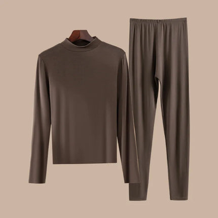 Women's Autumn Winter Thin Warm Set Long-Sleeved T-Shirt + Long Pants Plus Size Semi-Turtleneck Fitted Warm Underwear Sets