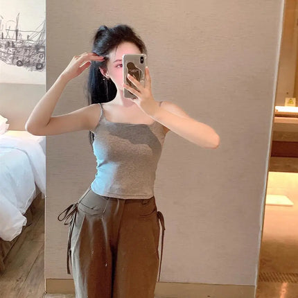 New Women's Slim Fit Tank Top Pure Color Summer Outerwear with Chest Pad Bal Base irt Sli Versatile Casual Wear