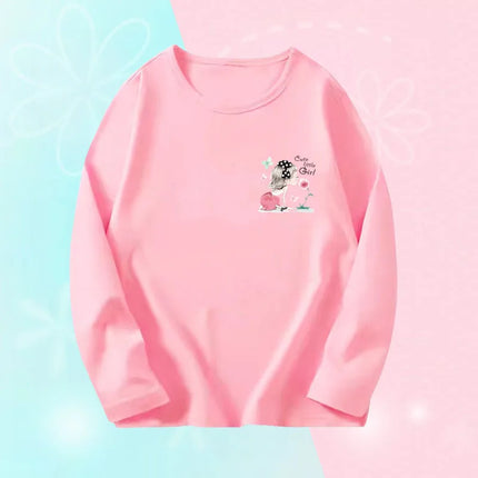 Pink Flower Heart Print Girls T-Shirt Casual White Tops Spring Long Sleeve Kids T-Shirt Kawaii Love Print Tops
