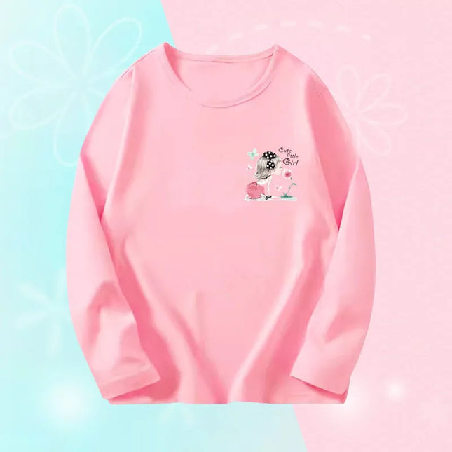 Pink Flower Heart Print Girls T-Shirt Casual White Tops Spring Long Sleeve Kids T-Shirt Kawaii Love Print Tops