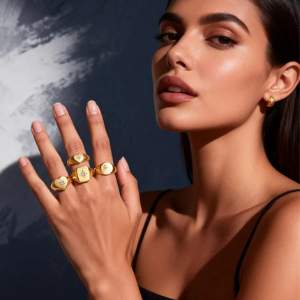 Stainless Steel Sunshine Signet Pinky Ring, Cubic Zirconia Inlay Ring Gold Plated, Non-Tarnish Fashion Jewelry