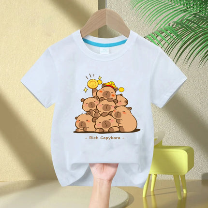Cute Capybara Loves Bubble Tea print kids T-Shirt summer children's pure cotton short-sleeved casual tops boys and girls gifts