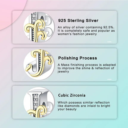 925 silver 26 letters retro fashion golden pendant fit original bracelet charm beads necklace Diy female jewelry