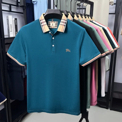 High-end luxury brand men's short-sleeve polo shirt, summer breathable cotton plaid lapel top, fashion embroidered casual T-shirt