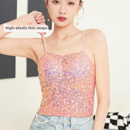 Small Sequin Ball One-Piece Fixed Vest Wrap Chest Base Layer Brtte for Girls Summer Outing ort High Elastic Polye...