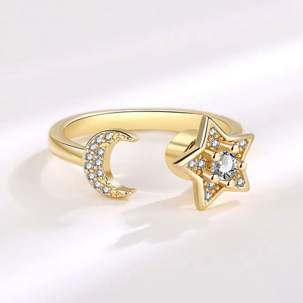 VENTFILLE 925 Sterling Silver Moon And Stars Zircon Rotatable Ring For Women Gift Diamond Relieve Stress Ring Jewelry Wholesale