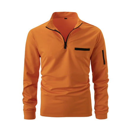 Men's stand-collar half-zip long-sleeve polo shirt, new autumn/winter style casual top with trendy and simple pocket detail