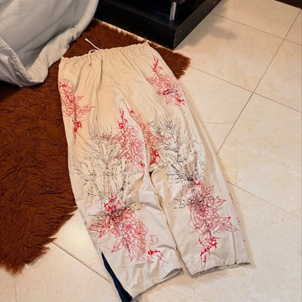 Harajuku Red Spider Lily Print Casual WideLeg Cargo Pants Japanese Unisex Street Fashion Loose Fit Comfortable Oversize Daily