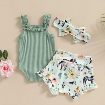 0-18months Baby Girl 3pcs Shorts Outfits Off Shoulder Romper Tops Bull Print Short Pants Head Band Infant Girls 3pcs Clothes Set