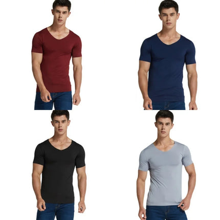 4Pcs Summer Ice Silk Men T-Shirt Vest Men's No Trace Sports Short Sleeve T-shirt Solid V-neck Tees Quick Dry Shirt Tops Fitness