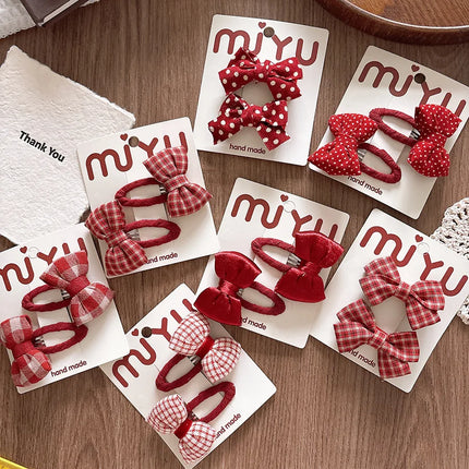 2pcs/set Red Color Korean Fashion Kids Girl Hair Clip Sweet Dot Plaid Bow Barrettes for Children Hedawear Hair Accessories