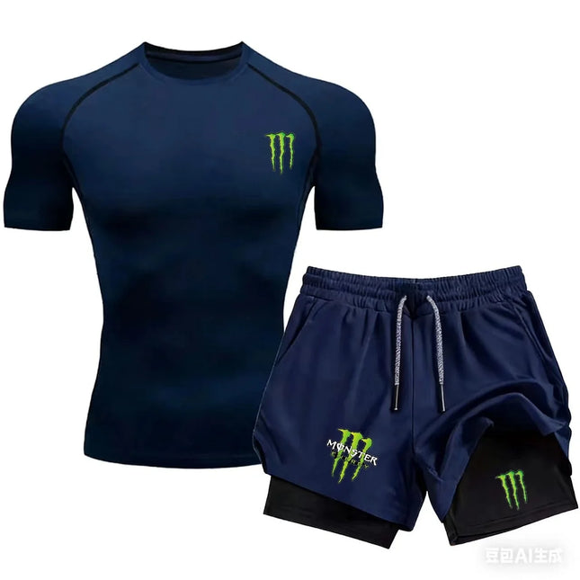 Men's Monster Energy Fitness Sportswear Set with Shorts And Tight T-Shirt Ideal for Running