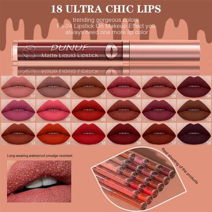 DUNUF 18 Color Matte Velvet Lipstick Waterproof Long-lasting Nude Matte Lip Gloss Clear Moisturizing Lip Oil for Women Makeup