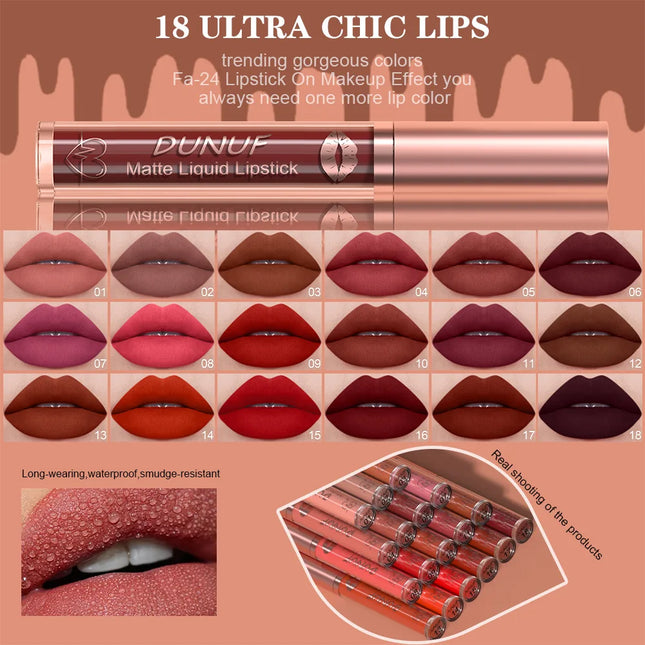 DUNUF 18 Color Matte Velvet Lipstick Waterproof Long-lasting Nude Matte Lip Gloss Clear Moisturizing Lip Oil for Women Makeup