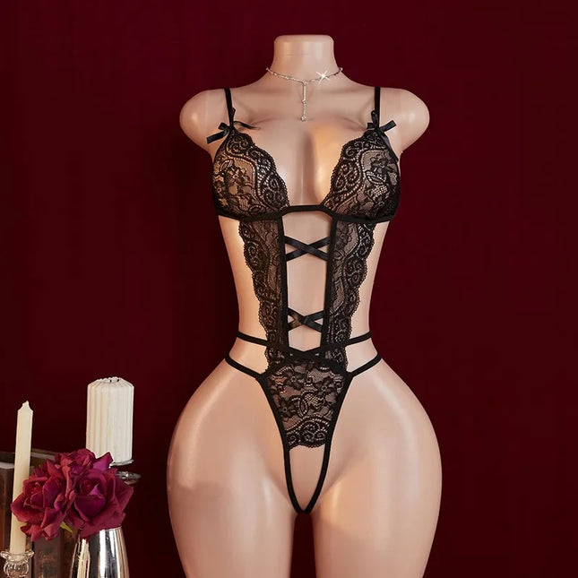 White Lace Sexy Lingerie Women Hollow Out Crotchless Underwear Bodysuit Erotic Costumes