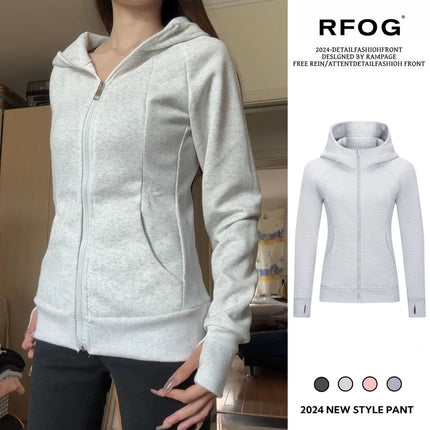 Slim Fit Pure Color Cotton Hoodie Jaet Women's Spring Autumn Zipper Cardigan Waist Cinching Sweatirt Korean Sle Top