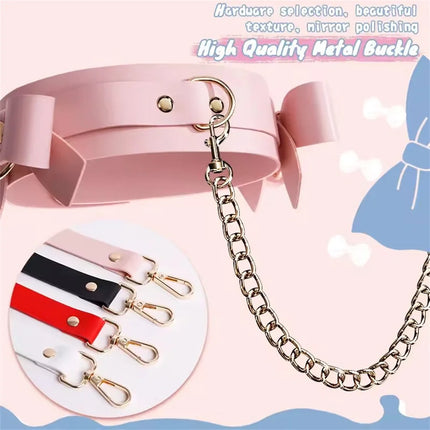 BDSM Cute Bow Themed Bondage Sets Cosplay Adult Games Leather Handcuffs Ankle Cuffs Mouth Gag Whip Collar Sex Toys For Women