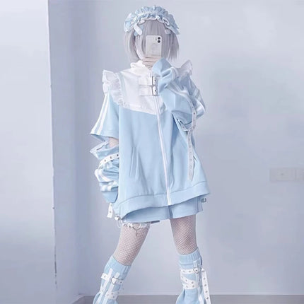 Y2K women clothing arcane stitch grinch Hoodies Women's Autumn 2024 Ruffled Edge Harajuku Hoodie 2000s Loose Zipper Sweatshirts