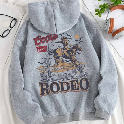 Rodeo Hoodie Women Vintage Cowboy Printing Hooded Fleece Warm Pocket Pullovers Autumn Winter Comfortable Woman Clothing