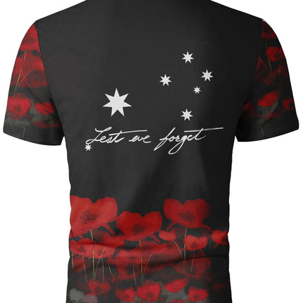 Men's Retro Summer Fashion Short-Sleeved Australian Military Commemorative Print Men's Polo Shirt with the Text "Lest We Forget", Poppy Pattern, Lapel Button-Down Short-Sleeved Casual Military Style Polo Shirt