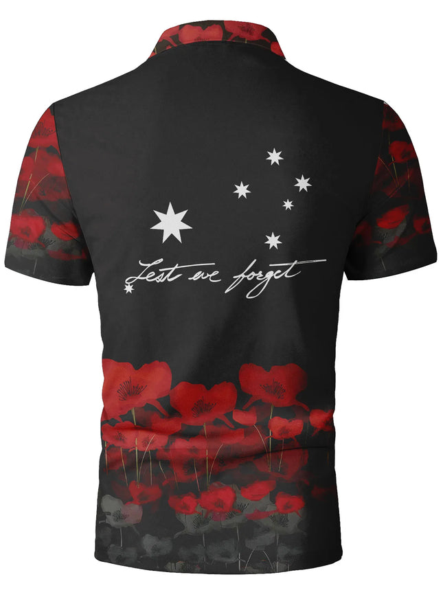 Men's Retro Summer Fashion Short-Sleeved Australian Military Commemorative Print Men's Polo Shirt with the Text "Lest We Forget", Poppy Pattern, Lapel Button-Down Short-Sleeved Casual Military Style Polo Shirt