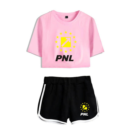 Fashion Youthful Rap Group PNL Print Two Piece Set Women Sexy Shorts+lovely T-shirt Cute Dew navel Sport Girl suits