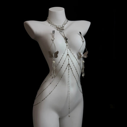 Sexy Body Chain Butterfly Nipple Clamp Breast Massager BDSM Necklace Nipple Ring Anal Plug Clitoris Clip Anal Stimulator Adults