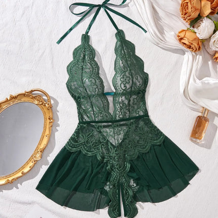 Women Plus Size Purple Lace Halter Neck Bodysuit With Peplum Skirt