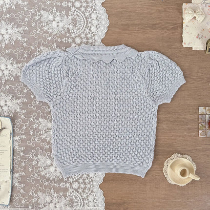 2026 Summer Casual Children Knit Blouse Girls Scalloped Neck Puff Sleeve Openwork Top Soft Lightweight Gentle Tee
