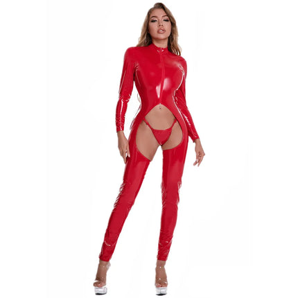 Sexy Women Faux Leather Catsuit Stretch Shiny PVC Latex Bodysuit Open Crotch Jumpsuits Front Zipper Erotic Crotchless Costumes