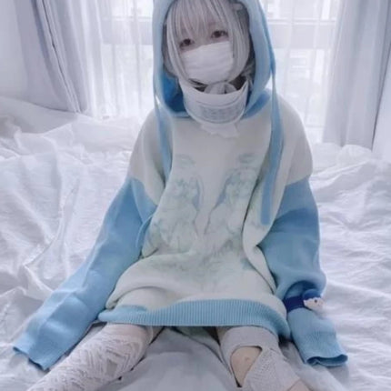 Girls Sweatshirts Subculture Japanese Blue White Autumn Hoodies with Hooded Y2k Winter Women Kawaii Loose Trend Hoodies