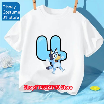 Kids Bluey 2-4 Birthday Number T-Shirt Autumn Winter Cartoon Printed Short Sleeve Tee for Boys Girls