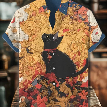 Men's blue and white color-blocked short-sleeved shirt with black cat print, collared casual outdoor vacation Hawaiian shirt.