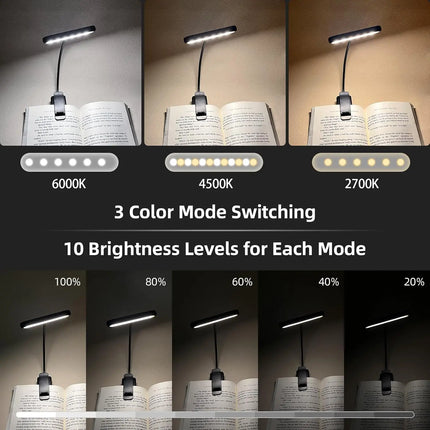Eye Caring Clip-on Reading Book Light 3 Colors 10 Brightness USB Rechargeable Flexible Easy Clip For Piano Lamp Sheet Music Read