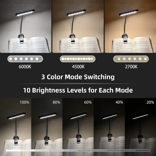 Eye Caring Clip-on Reading Book Light 3 Colors 10 Brightness USB Rechargeable Flexible Easy Clip For Piano Lamp Sheet Music Read