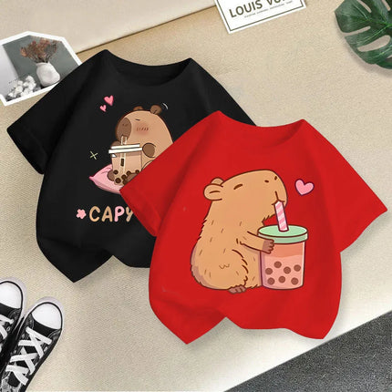2025 Summer New Cute Animal Kapibala Fashion Printed Children's T-shirt Short Sleeve Fashion Pure Cotton Children's Clothing