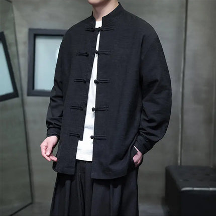 Chinese Style Men Long Sleeve Casual Shirt New 2026 Spring Vintage Mandarin Collar Loose Male Cotton Linen Tops Shirts N055