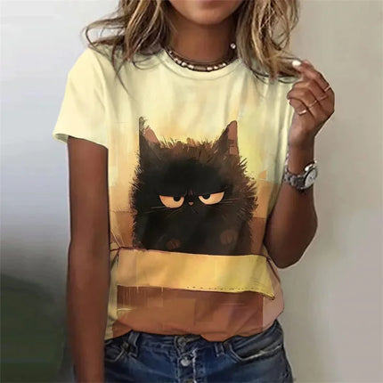 3D Printed Cute Cat T Shirt For Women Fresh Tree Leaves Pattern Tees Summer Harajuku T-Shirts Round Neck Tops Loose Short Sleeve