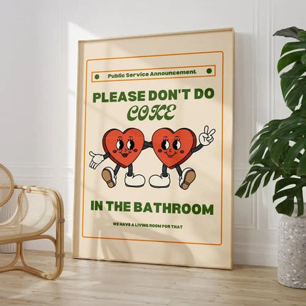 Retro Please Don't Do Coke In The Bathroom Beige Groovy Animated Hearts Wall Art Canvas Painting Posters Living Room Home Decor