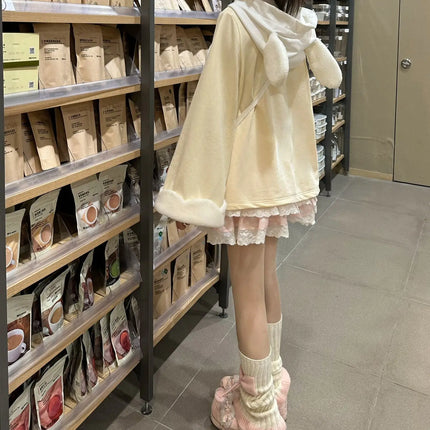 Japanese Girl Cream Spliced Cute Ear Hoodie with Puppy Embroidery Hooded Loose Top Jacket