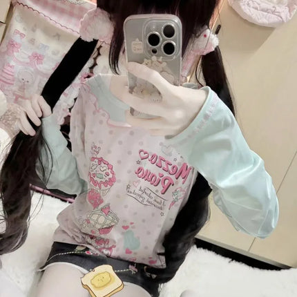 Japanese Sweet Cartoon Polka Dot Print Women T-shirt Loose Kawaii Contrast Color Cute Graphic Tee Tops Y2k Aesthetic Tshirts